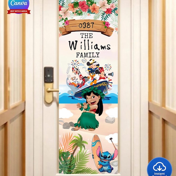 Lilo & Stitch - Cartel para puerta de crucero tropical / Letrero personalizado para barco familiar (Descarga digital)