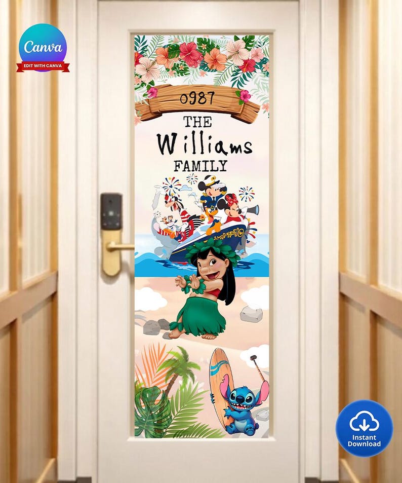 May include: A door decoration with a tropical theme, displaying the text "0987 The Williams Family." The design incorporates floral elements, cartoon characters, and a beach scene featuring Lilo and Stitch.