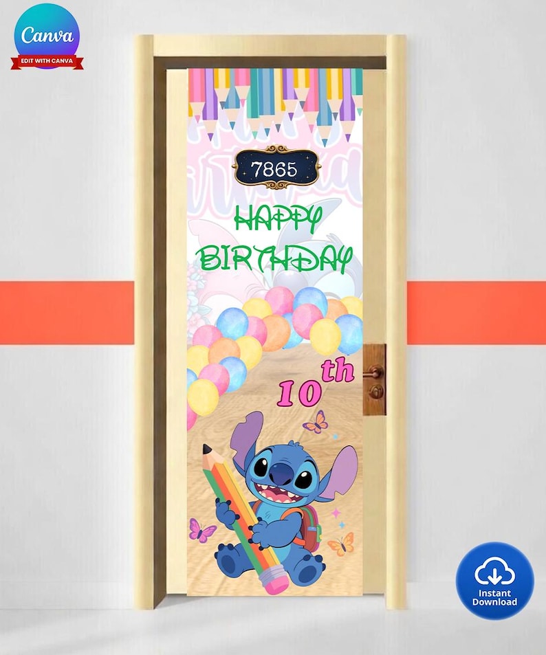 May include: A door cover featuring a colorful design for a 10th birthday. The design includes the text "Happy Birthday", a cartoon character holding a pencil, balloons, and butterflies. The door cover also has the number "7865".