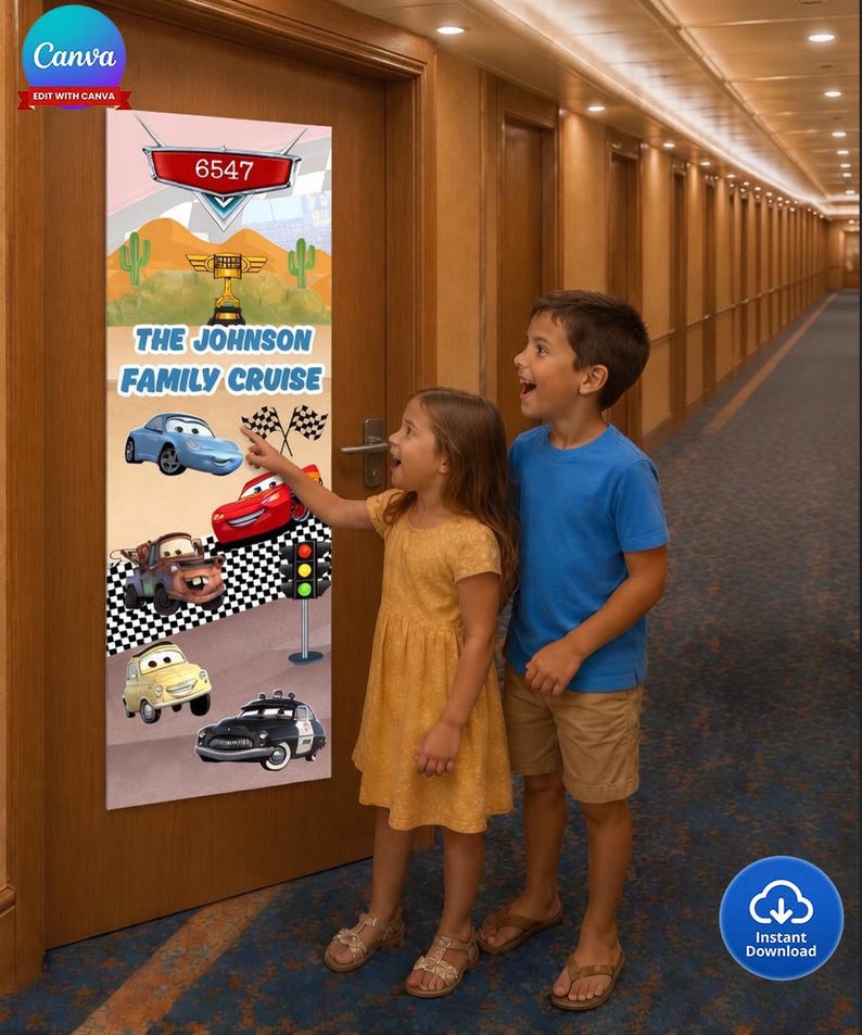 Mall för Disney Cars Cruise Door Banderoll | Lightning McQueen-familjens skeppsskylt | Kolvkoppsracingdekor | Digital nedladdning, utskrivbar bild 2