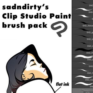 Peut inclure: Pack de pinceaux d'art numérique pour Clip Studio Paint par sadndirty's. L'image présente une illustration stylisée d'une personne et une sélection d'échantillons de coups de pinceau. Le texte comprend "flat ink" et "gladtoexist".