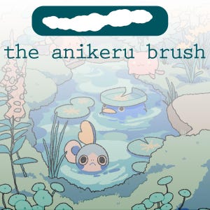 Könnte beinhalten: Eine Illustration im Cartoon-Stil einer Teichszene mit Kreaturen und Seerosenblättern. Der Text "the anikeru brush" wird in Türkis über dem Teich angezeigt. Der Teich ist von grünem Laub und Felsen umgeben, mit einem türkisfarbenen Wolkenmuster oben.