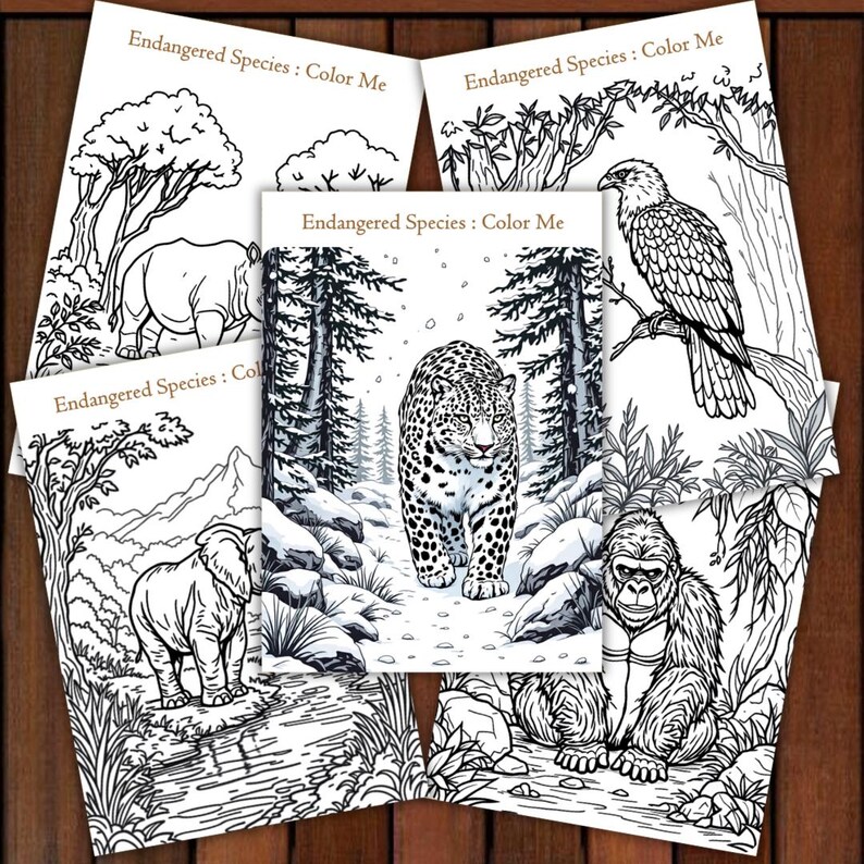 May include: A collection of coloring books featuring endangered species. Each book displays a different animal, including a rhino, elephant, gorilla, eagle, and leopard. The text "Endangered Species: Color Me" is printed on each cover.