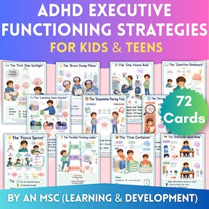 72 ADHD Executive Function Skills Cards for Kids Teens, ADHD Strategies, SEL Emotional Regulation Activities, Focus, Organization Printable