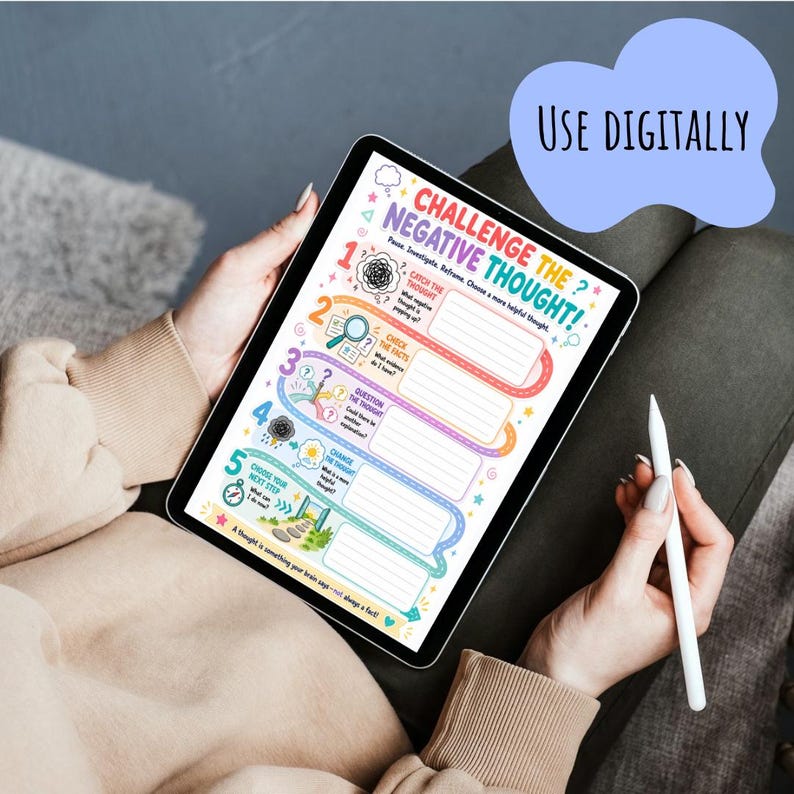 May include: A digital tablet displaying a colorful worksheet titled Challenge the Negative Thought. The worksheet features five numbered steps with icons and blank lines for writing, including prompts like Catch the Thought, Check the Facts, Question the Thought, Change the Thought, and Choose Your Next Step. The text Use Digitally appears in a blue cloud shape.
