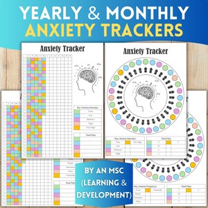 Puede incluir: Varios rastreadores de ansiedad imprimibles con el texto "YEARLY & MONTHLY ANXIETY TRACKERS". Los rastreadores incluyen diseños anuales y mensuales con secciones codificadas por colores para rastrear los niveles de ansiedad.