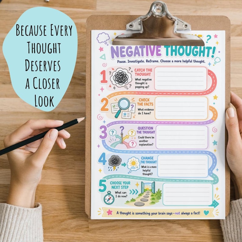 May include: A clipboard with a worksheet titled Negative Thought, featuring five numbered steps for cognitive reframing. The colorful graphic includes icons like a magnifying glass, storm cloud, and sun, with blank lines for writing responses.
