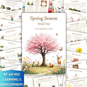 Spring Season Study Unit Printable, Frog, Squirrel, Daffodil, Tulip, Montessori Nature, Homeschool, Spring Animals, Plants, Kids Activities