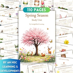 Può includere: Un'unità di studio a tema primaverile con il titolo "Spring Season" e il testo "110 PAGES". La copertina presenta un albero in fiore rosa, un cervo, uno scoiattolo, una rana e un coniglio. Pagine aggiuntive mostrano argomenti primaverili.