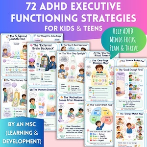 May include: A collection of educational strategy cards titled 72 ADHD Executive Functioning Strategies for Kids & Teens. The cards feature colorful illustrations, diagrams, and text explaining methods like The 5-Second Launch Pad and The Memory Snapshot to help ADHD minds focus, plan, and thrive.