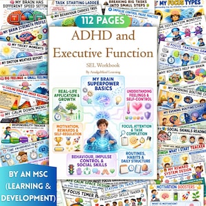 May include: A 112-page ADHD and Executive Function SEL workbook by Amalgamind Learning. The cover features a central illustration of a child interacting with a digital interface, surrounded by colorful icons and text boxes detailing brain-related topics.