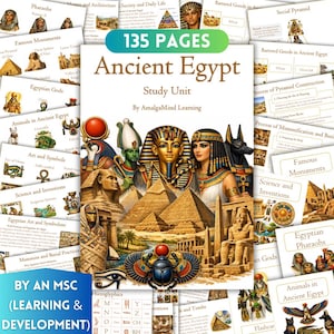 May include: An "Ancient Egypt" study unit with 135 pages, showcasing illustrations of pharaohs, pyramids, and hieroglyphs. The cover art includes images of Egyptian gods and monuments, designed for learning and development.