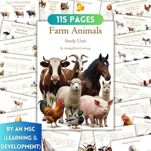 Farm Animals Unit Study Printable, Montessori homeschool, farm unit, cow chicken anatomy, life cycle, kids worksheets, busy book, activities