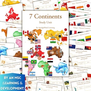 7 Continents Unit Study Printable | Countries Flags Worksheets | Montessori Homeschool Geography | Busy Book Activities Kids Ages 3-10+