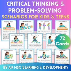 May include: A set of 72 cards titled Critical Thinking & Problem-Solving Scenarios for Kids & Teens by an MSC. Each card features a unique scenario with an illustration of children or teens, including titles like Forgotten Project and Overloaded Mind.