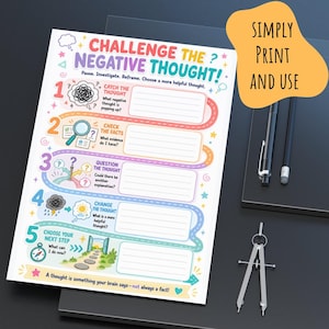 May include: A white worksheet titled CHALLENGE THE NEGATIVE THOUGHT with five numbered steps, colorful icons, and blank lines for writing. The text includes instructions like Catch the thought, Check the facts, and A thought is something your brain says.