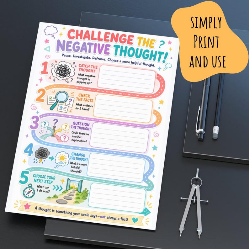 May include: A white worksheet titled CHALLENGE THE NEGATIVE THOUGHT with five numbered steps, colorful icons, and blank lines for writing. The text includes instructions like Catch the thought, Check the facts, and A thought is something your brain says.