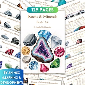 Könnte beinhalten: Ein Studienheft "Gesteine & Mineralien" mit 129 Seiten, das Illustrationen von Edelsteinen und Gesteinsarten zeigt. Das Cover zeigt eine Geode und verschiedene Edelsteine. Lehrmaterial für Bildung.