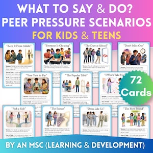 May include: A set of 72 educational cards titled What to Say & Do? Peer Pressure Scenarios for Kids & Teens by an MSC (Learning & Development). Each card features a colorful illustration of social situations with text prompts for children.