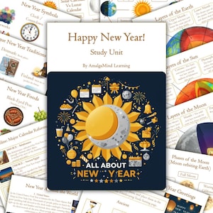 May include: A dark blue educational poster titled "Happy New Year! Study Unit" with a central graphic of a sun and moon. Surrounding the central graphic are various New Year-themed illustrations and the text "ALL ABOUT NEW YEAR".