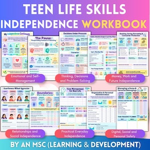May include: A Teen Life Skills Independence Workbook featuring multiple colourful educational pages. Topics include emotional management, decision-making, budgeting, banking, social boundaries, time management, and home organisation by MSC Learning & Development.