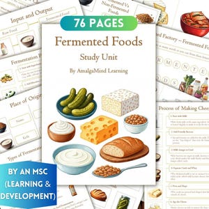 Könnte beinhalten: Eine 76-seitige Lerneinheit über fermentierte Lebensmittel von AmalgaMind Learning mit Illustrationen von Gewürzgurken, Käse, Brot, Joghurt und Hülsenfrüchten. Das Cover zeigt verschiedene fermentierte Lebensmittel auf weißem Grund mit Text.