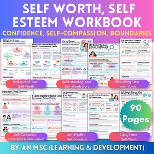 May include: A self-worth and self-esteem workbook featuring 90 pages of worksheets on confidence, self-compassion, and boundaries. The cover displays the title and various internal pages covering topics like CBT cycles, inner critics, and values.