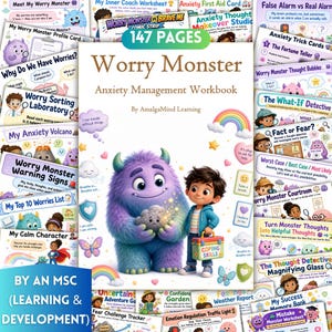 May include: A 147-page Worry Monster Anxiety Management Workbook by AmalgaMind Learning. The cover features a purple furry monster holding a grey rock, a child with a Coping Skills box, a rainbow, and various educational activity cards.