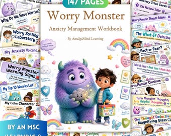 Könnte beinhalten: Ein 147-seitiges Arbeitsbuch zur Angstbewältigung namens Worry Monster Anxiety Management Workbook von AmalgaMind Learning. Das Cover zeigt ein lila Fellmonster mit einem grauen Stein, ein Kind mit einer Coping Skills Box und einen Regenbogen.