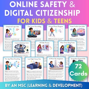 Könnte beinhalten: Ein Set aus 72 Lernkarten mit dem Titel Online Safety & Digital Citizenship for Kids & Teens. Jede Karte zeigt eine farbenfrohe Illustration und Text, der ein digitales Szenario, ein Risiko und eine Handlung beschreibt. Die Karten sind in einem Raster angeordnet.