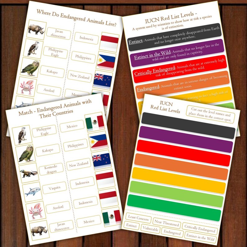 May include: Educational cards about endangered animals, featuring illustrations of various species and their habitats. Includes information on the IUCN Red List levels, with text such as "Extinct" and "Critically Endangered". The cards are designed for educational purposes.