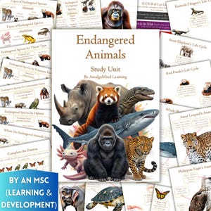 May include: A collection of educational materials about endangered animals. The central image features a variety of animals, including a rhino, red panda, gorilla, and shark. The title "Endangered Animals Study Unit" is displayed prominently, with additional informational pages.