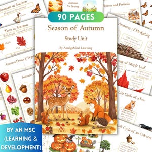 May include: A study unit titled "Season of Autumn" with illustrations of fall foliage, deer, fox, and squirrels. The cover features the text "90 PAGES" and "By AmalgaMind Learning". Additional pages show autumn-themed animals, fruits, and festivals.
