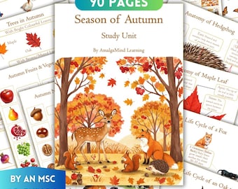 Autumn Season Unit Study Worksheets, Animals, Trees, Life Cycle, Anatomy, Montessori Flashcard, Fall Busy Book, Homeschool Science Printable