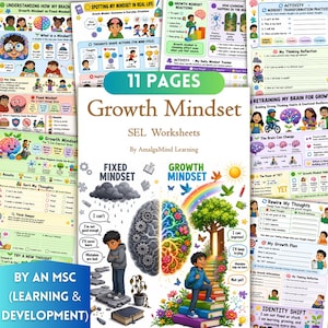 May include: A collection of 11 Growth Mindset SEL worksheets by AmalgaMind Learning. The cover page features a split brain illustration, with a gray, rainy side labeled Fixed Mindset and a colorful, sunny side labeled Growth Mindset.