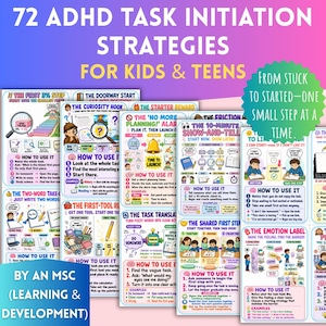 Puede incluir: Una colección de carteles educativos titulada 72 ADHD Task Initiation Strategies for Kids & Teens, con ilustraciones coloridas, instrucciones paso a paso y guías de texto para gestionar tareas, incluyendo The First 3% Step y The Curiosity Hook.