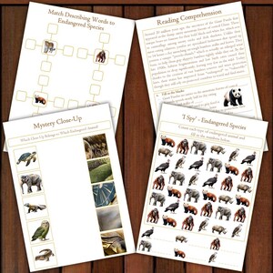 May include: Educational worksheets featuring endangered species. Includes a matching game, a mystery close-up activity, a reading comprehension passage, and an 'I Spy' game. The worksheets are printed on white paper with brown text and illustrations.