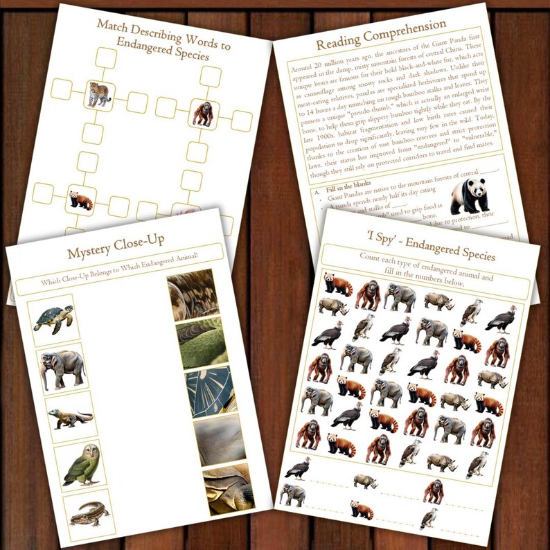 May include: Educational worksheets featuring endangered species. Includes a matching game, a mystery close-up activity, a reading comprehension passage, and an 'I Spy' game. The worksheets are printed on white paper with brown text and illustrations.