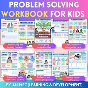 May include: A Problem Solving Workbook for Kids by an MSC Learning & Development, featuring eight colorful educational pages with illustrations and text guides on defining problems, creative solution building, and action planning.