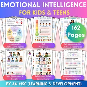 Pode incluir: Uma coleção de fichas educativas intitulada Emotional Intelligence for Kids & Teens, com 162 páginas de gráficos e diagramas sobre temas como autoconsciência, empatia, competências sociais e tomada de decisão emocional.