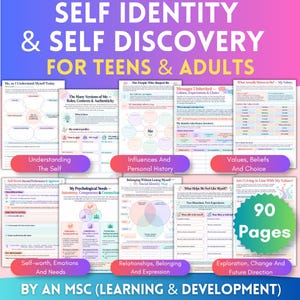May include: A collection of 90 pages of worksheets titled Self Identity & Self Discovery for Teens & Adults by MSC Learning & Development. The pages feature various charts, diagrams, and prompts for self-reflection, including sections on values, needs, and social identity.