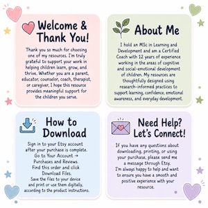 May include: A four-panel informational graphic with rounded corners featuring pastel backgrounds. The text includes Welcome & Thank You, About Me, How to Download, and Need Help? Let's Connect! with icons of a heart, a plant, a download arrow, and an envelope.