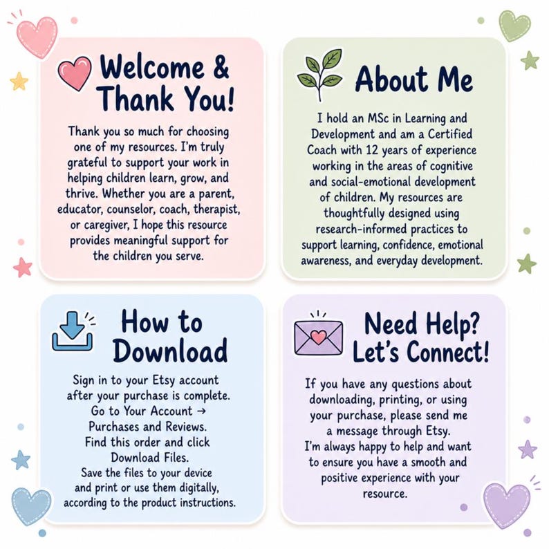 May include: A four-panel informational graphic with rounded corners featuring pastel backgrounds. The text includes Welcome & Thank You, About Me, How to Download, and Need Help? Let's Connect! with icons of a heart, a plant, a download arrow, and an envelope.