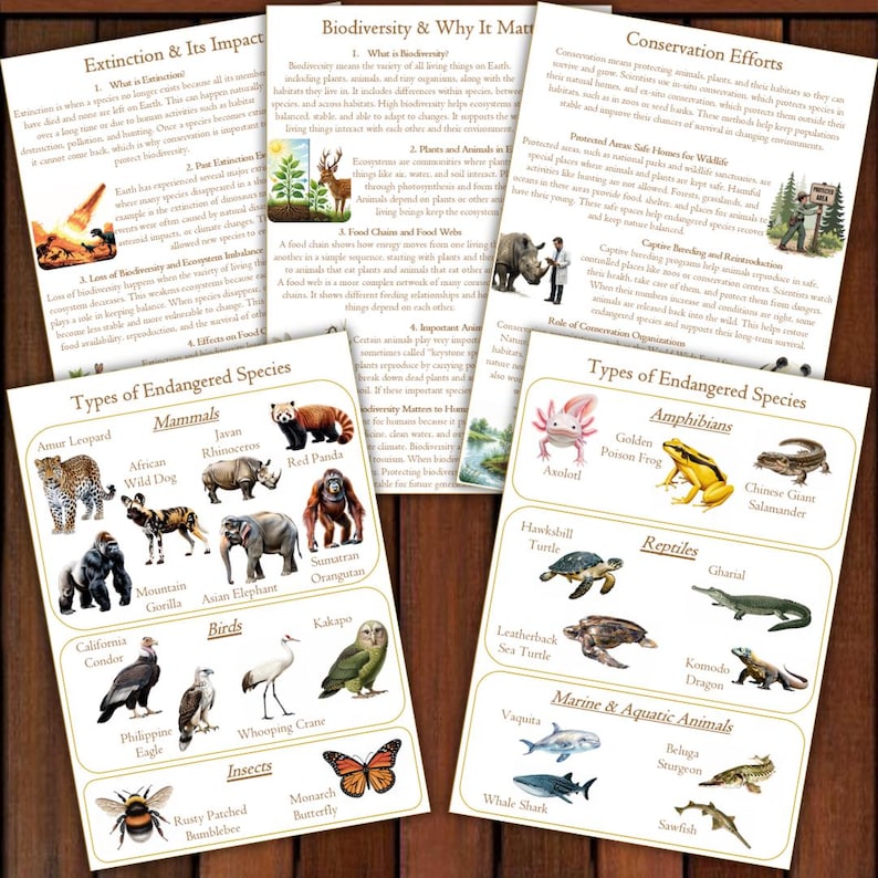 May include: Educational posters on endangered species and conservation efforts. The posters feature illustrations of various animals, including mammals, birds, reptiles, and marine life. Text includes information on extinction, biodiversity, and conservation.