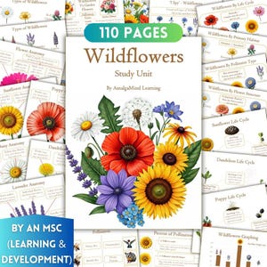 Może przedstawiać: Edukacyjna jednostka badawcza o polnych kwiatach, z okładką z żywym układem kwiatowym. Tytuł brzmi "Wildflowers Study Unit" z 110 stronami. Obraz zawiera diagramy dotyczące anatomii kwiatów, cykli życia i zapylania.