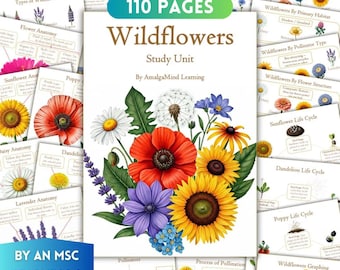 Puede incluir: Unidad de estudio educativa sobre flores silvestres, con una portada con un vibrante arreglo floral. El título es "Wildflowers Study Unit" con 110 páginas. La imagen incluye diagramas sobre anatomía floral, ciclos de vida y polinización.