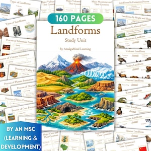 May include: A 160-page "Landforms" study unit with illustrations of mountains, volcanoes, and rivers. The cover art depicts a landscape with a volcano, glaciers, and islands. Additional cards detail landform types and processes. The text reads "Landforms Study Unit".