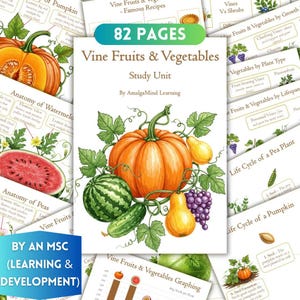 Vinbär, grönsaker och druvor, arbetsblad: pumpa, vattenmelon, gurka, ärtor, Montessori Hemundervisning Växtvetenskap Utskrivbar aktivitetsbok