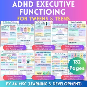 Peut inclure: Un ensemble de 132 pages intitulé ADHD Executive Functioning for Tweens & Teens par an MSC Learning & Development. Les pages présentent des tableaux, des listes de contrôle et des diagrammes colorés sur l'attention, la gestion du temps et les méthodes d'étude.