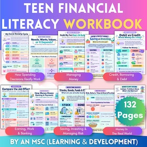 May include: A teen financial literacy workbook featuring 132 pages of educational content. The cover displays multiple colorful infographic sheets covering topics like social anxiety cycles, budgeting, saving, investing, credit, banking, and job offers.